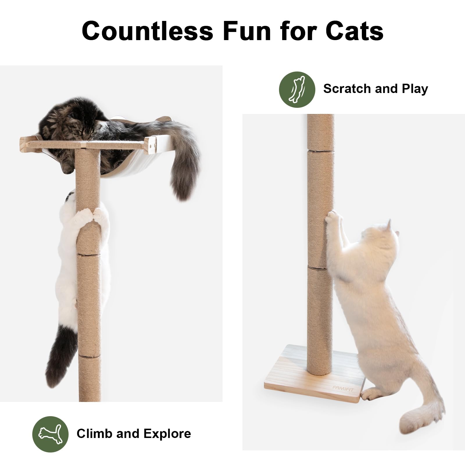 Famifit cat window perch sisal post offers healthy claw maintenance during scratching sessions.