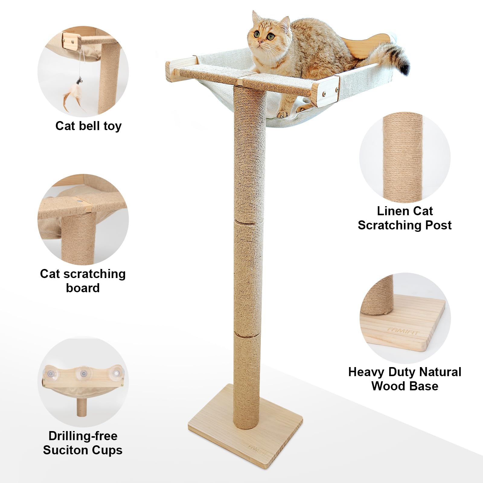 Famifit cat window perch suction cups ensure tool-free, secure setup on smooth surfaces.