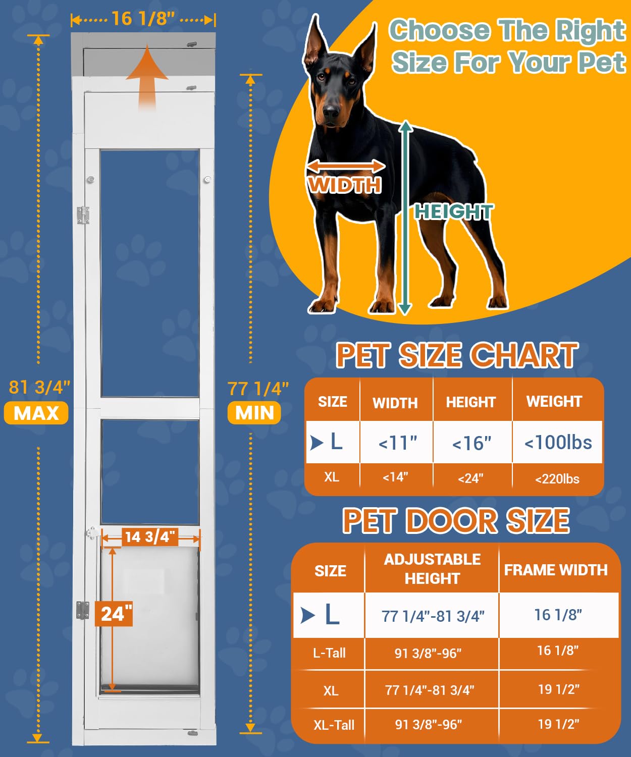 FAMIGRO large dog door adjustable height fits most sliding door tracks.