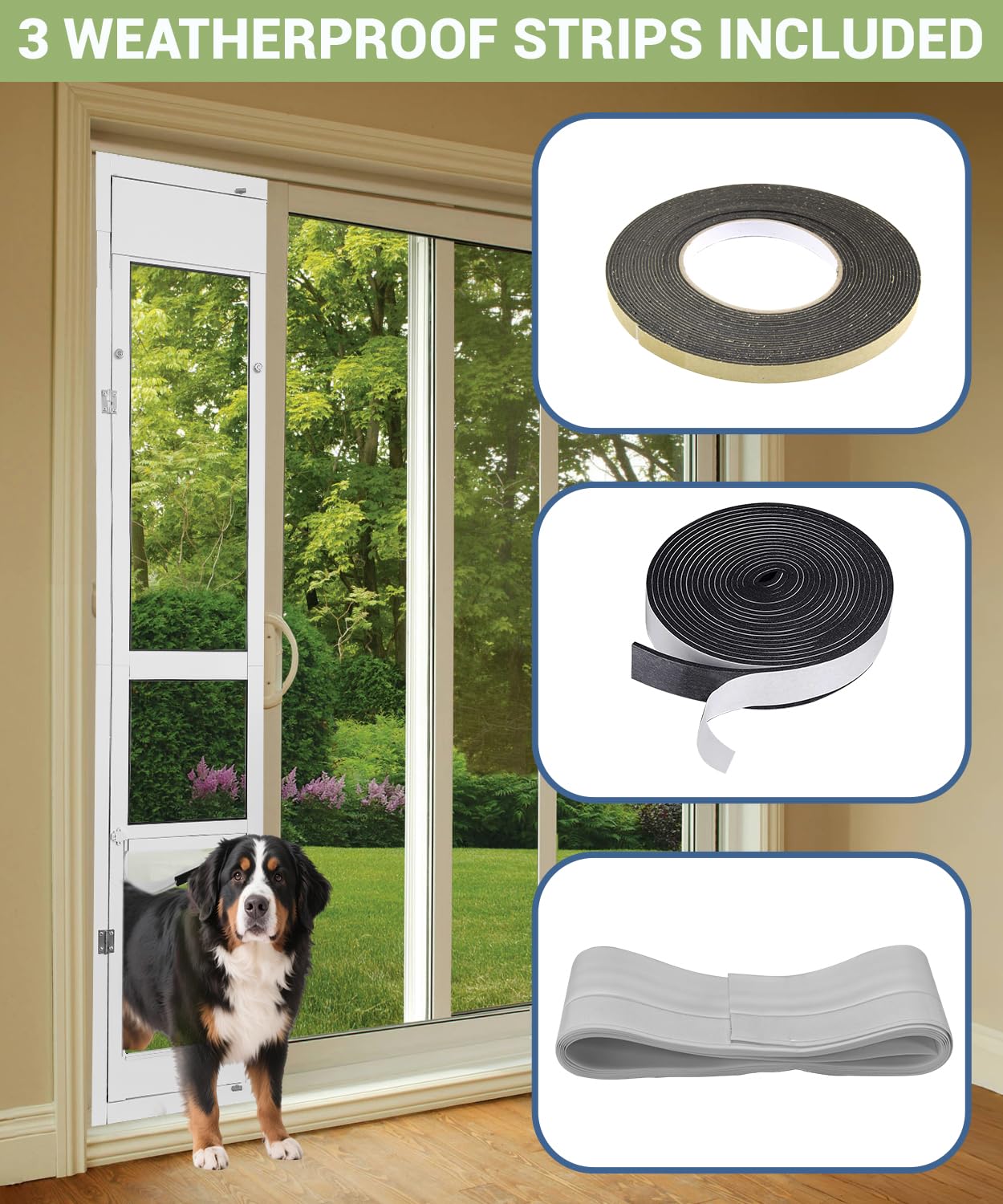 FAMIGRO large dog door weatherproof aluminum frame blocks drafts and pests.