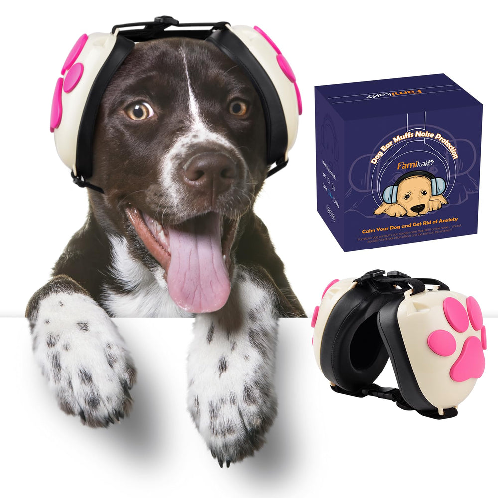 Famikako dog ear muffs paw-design closeup showing protective 22dB reduction