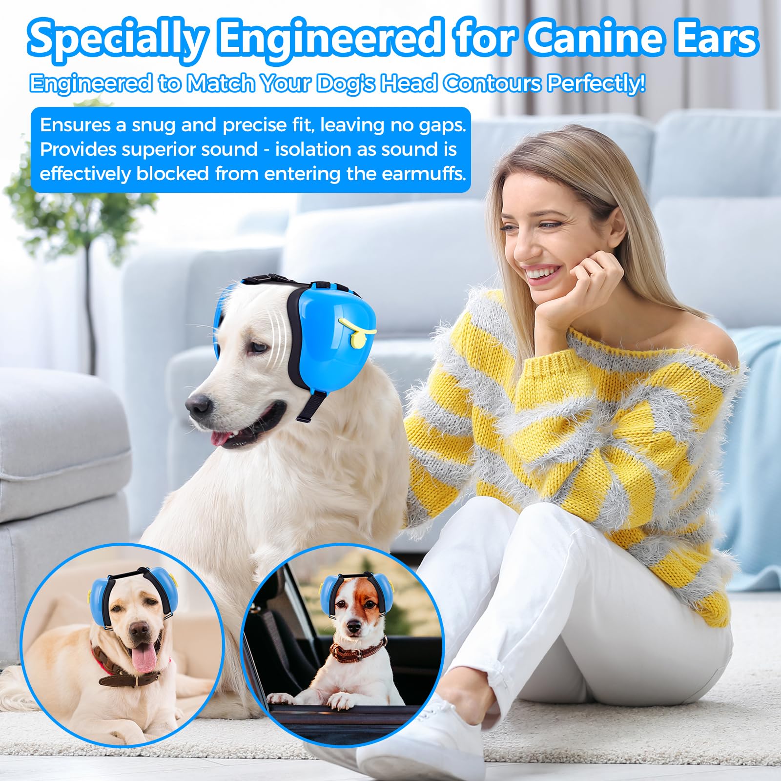 Famikako dog ear muffs blue adjustable band shows secure fit