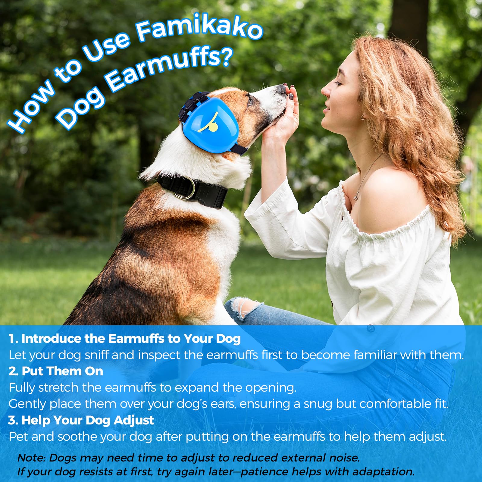 Famikako dog ear muffs orange large in use for noise protection during fireworks