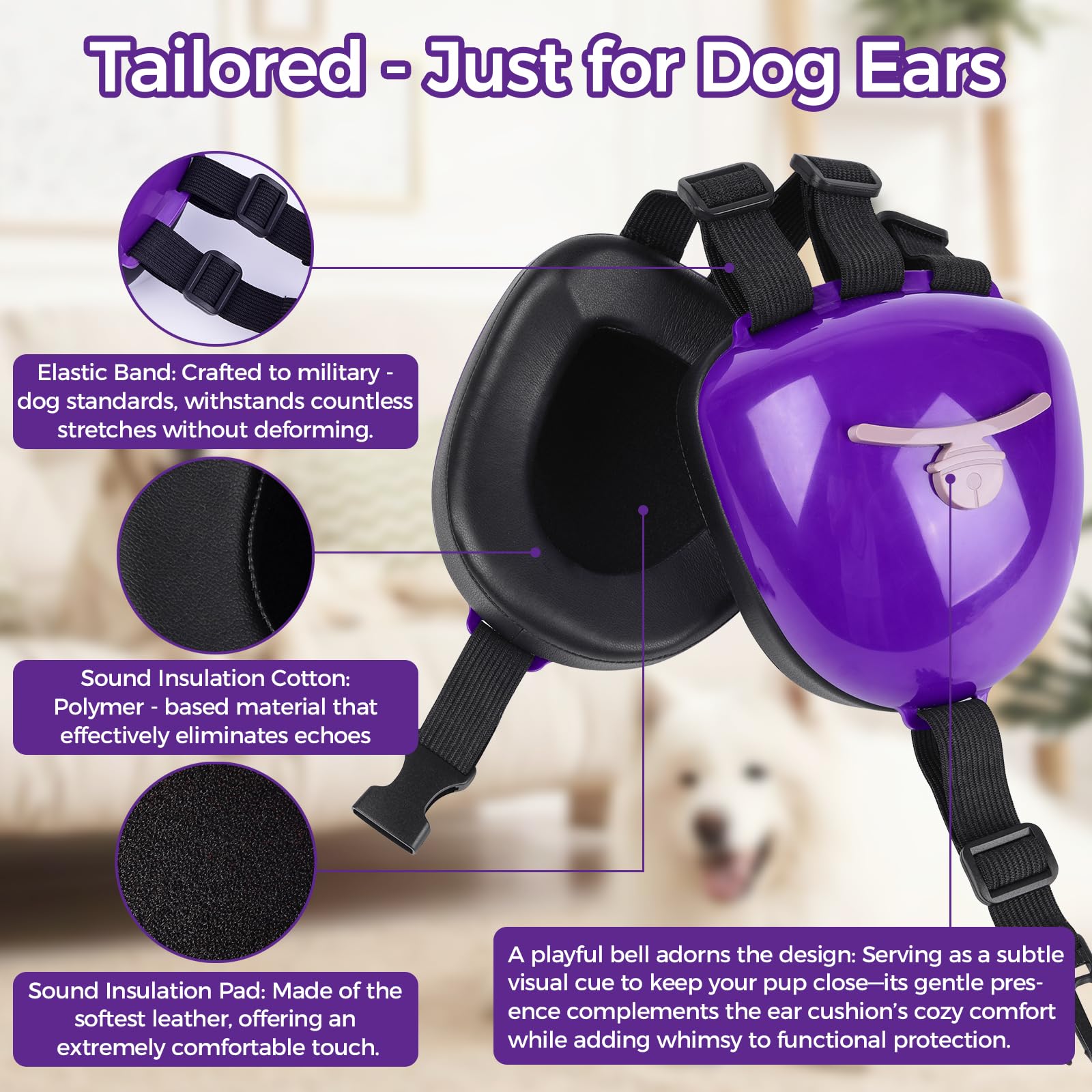Famikako dog ear muffs purple large side view showing snug fit for sensitive ears.