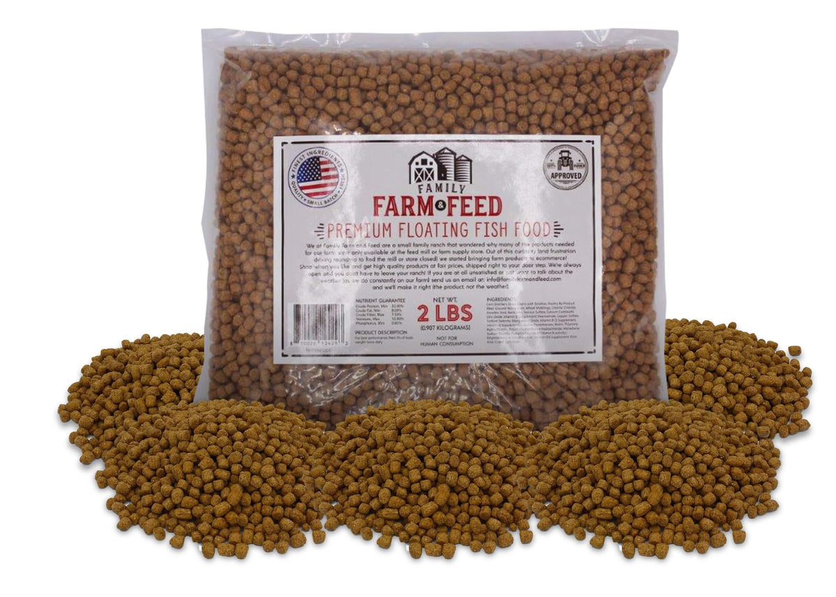 FAMILY FARM AND FEED premium floating fish food packaging, 2lb bag, convenient pond feeding