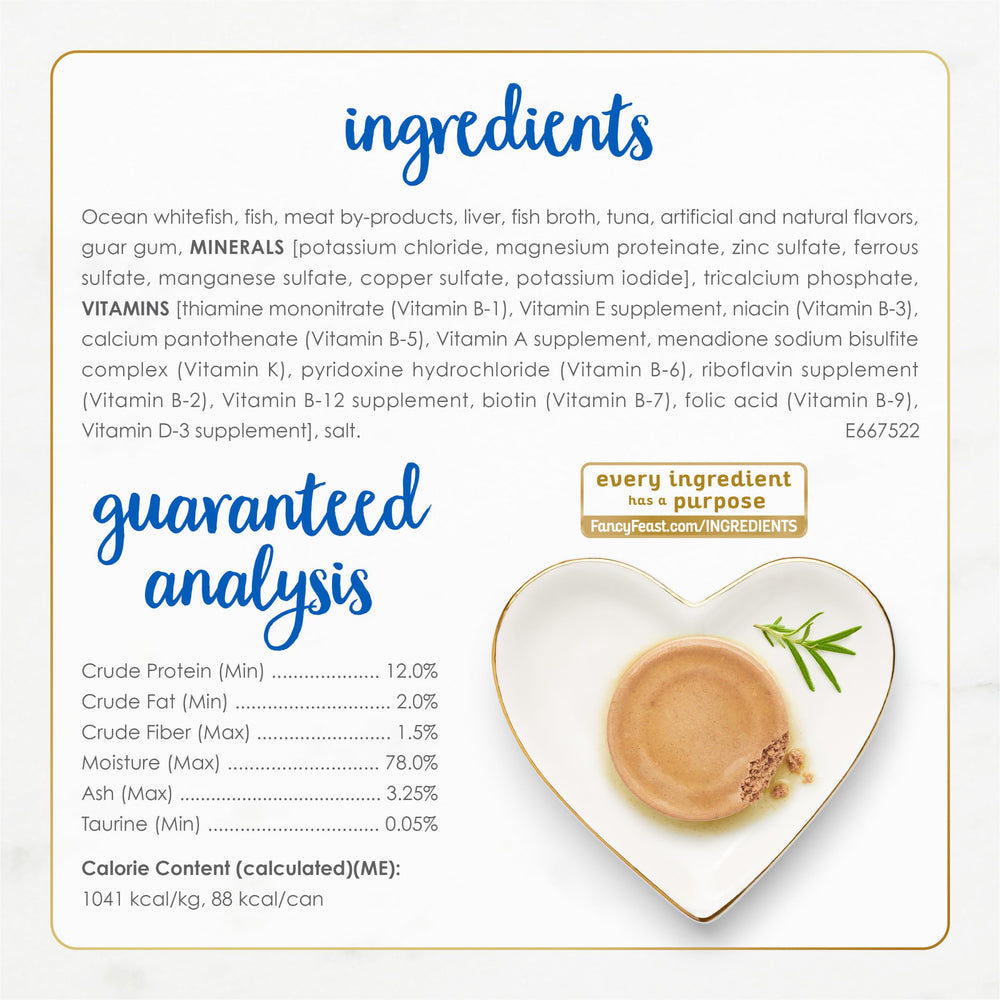 Fancy Feast classic grain-free wet cat food ingredients highlight featuring whitefish and tuna