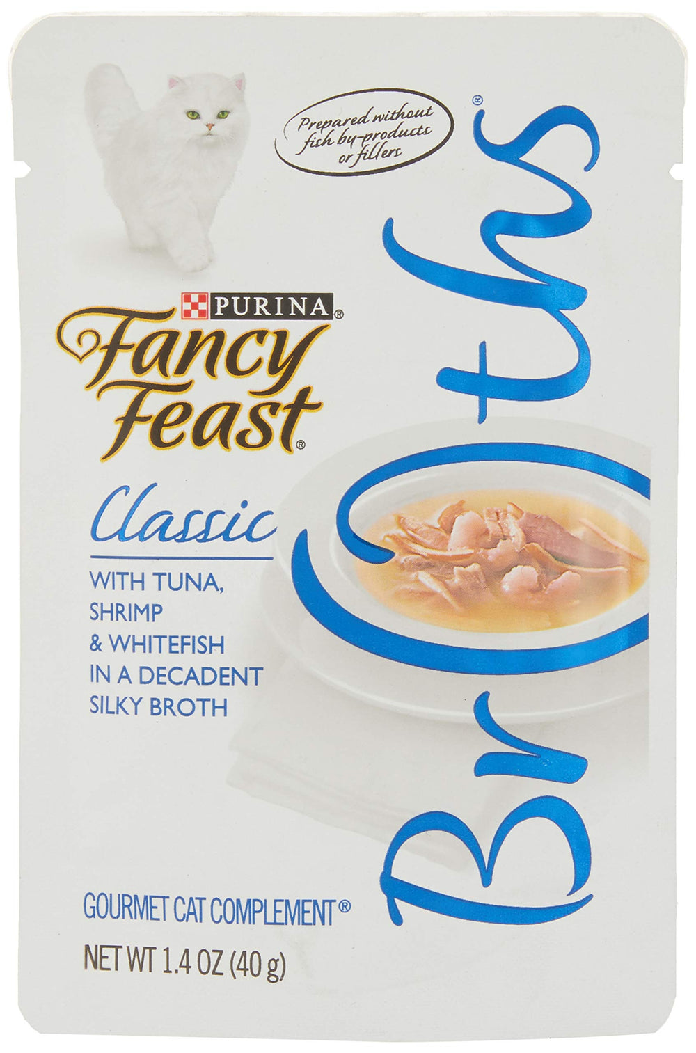 Fancy Feast Classic tuna-shrimp-whitefish broth pouch—savory flavor and hydrating broth.