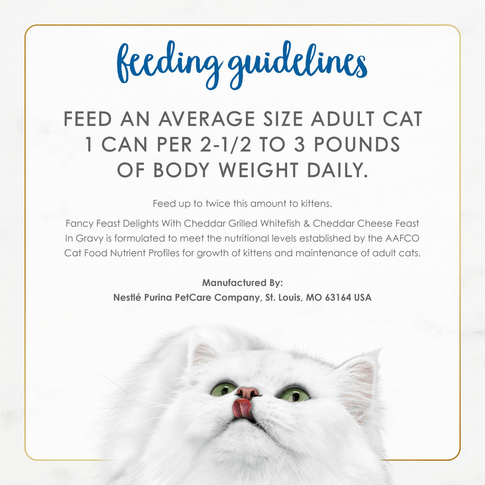 Fancy Feast Delights cheddar gravy swirl enhances texture and moisture for cats.