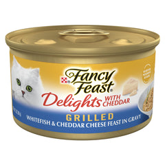 Fancy Feast Delights cheddar-whitefish grilled bites in a bowl for savory mealtime appeal.