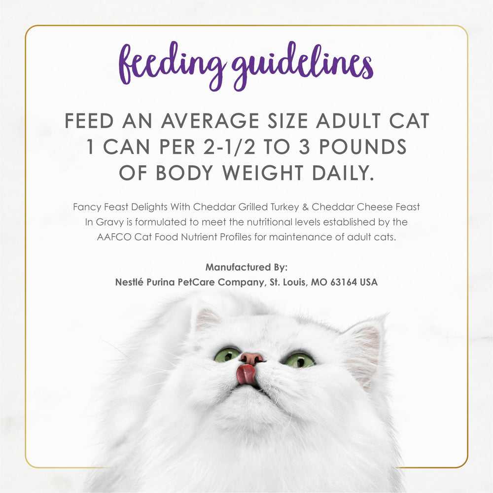Fancy Feast Delights complete-balanced adult-cat formula supports daily nourishment.