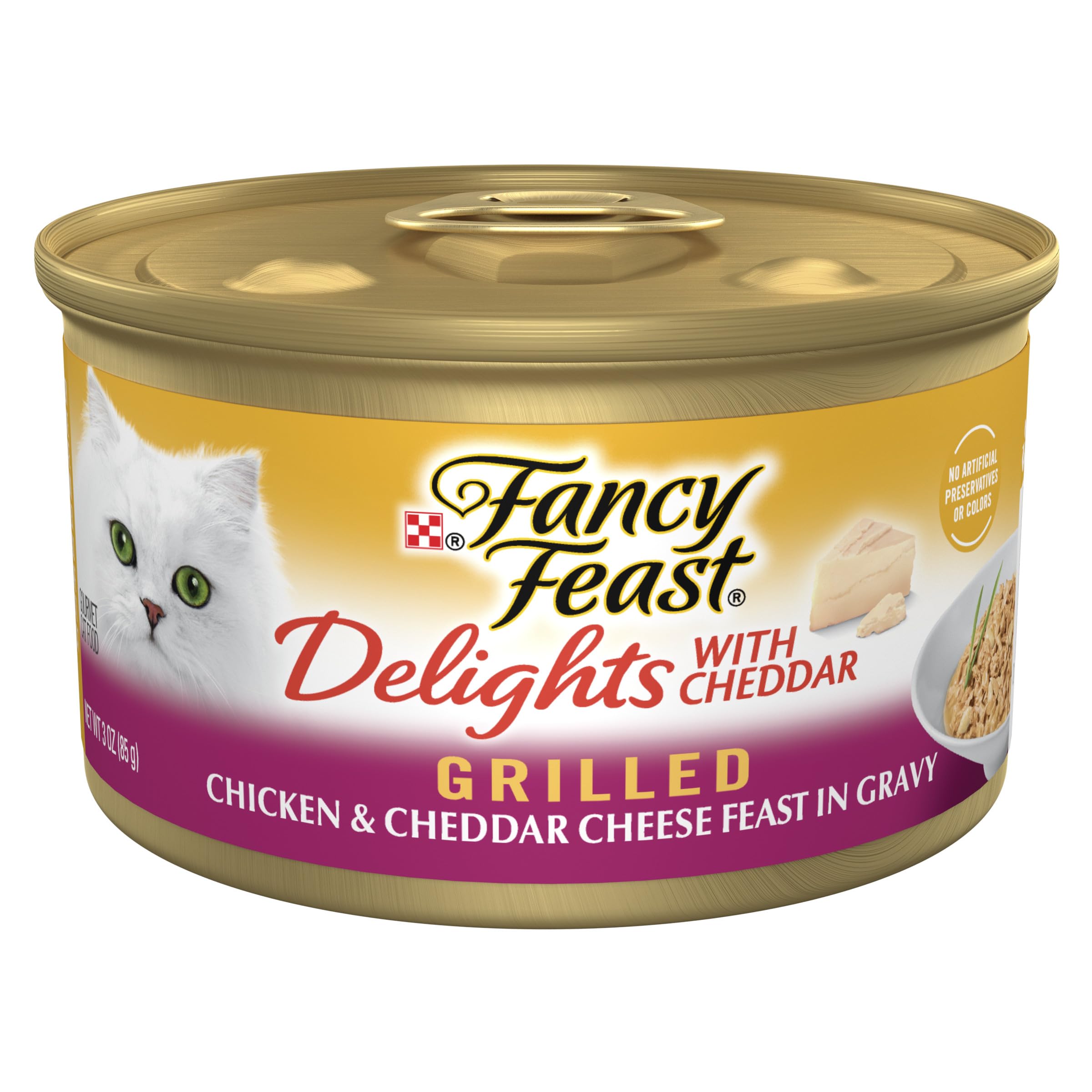 Fancy Feast Delights grilled chicken cheddar can with gravy for adult cats.