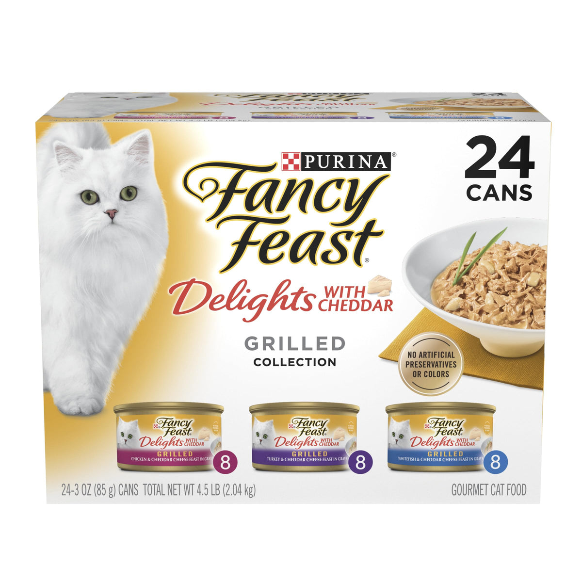 Fancy Feast Delights grilled chicken cheddar gravy cans for adult cats.