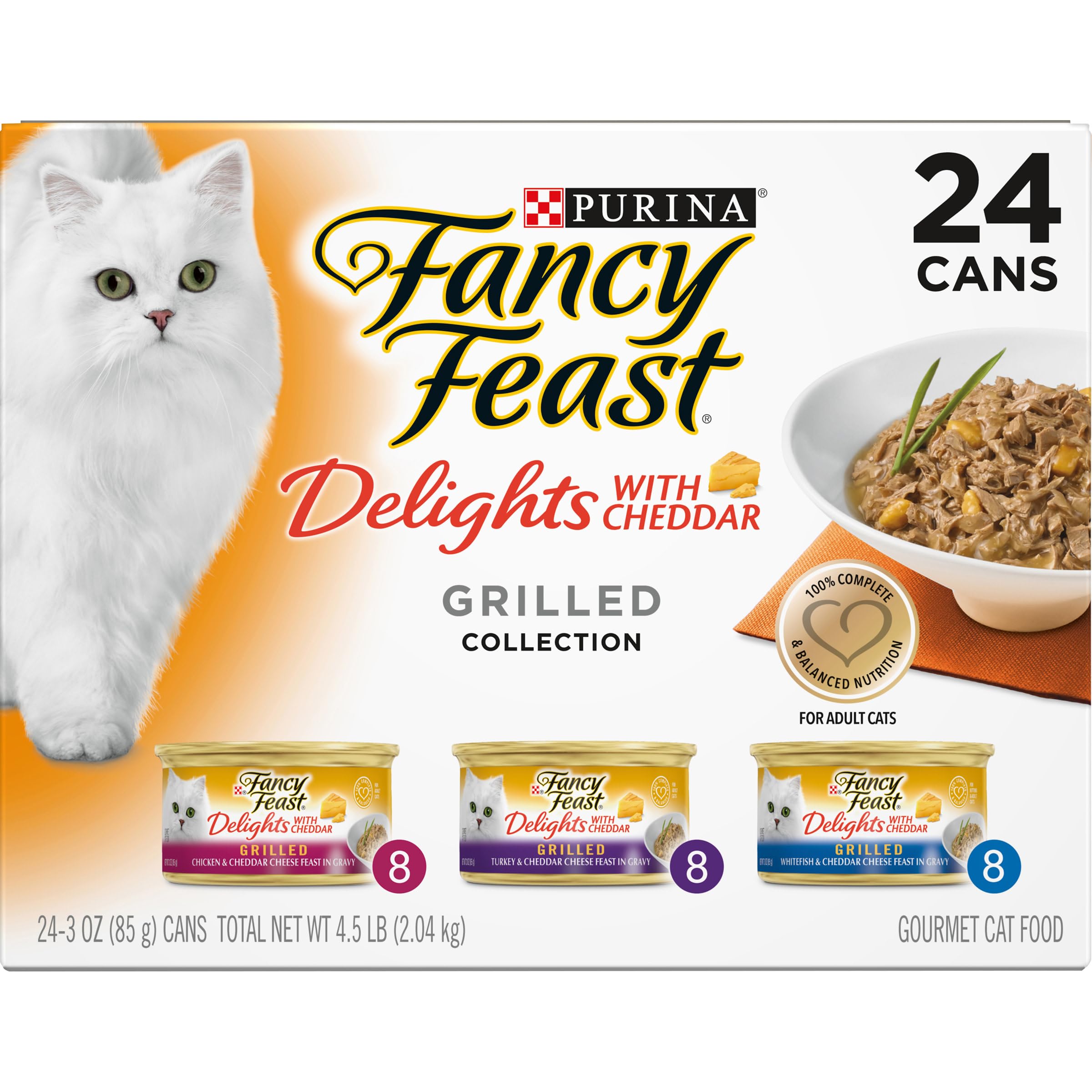 Fancy Feast Delights packaging and logo signaling premium U.S.-made quality.