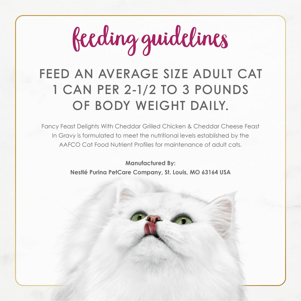 Fancy Feast Delights real chicken image communicates high-quality protein appeal.