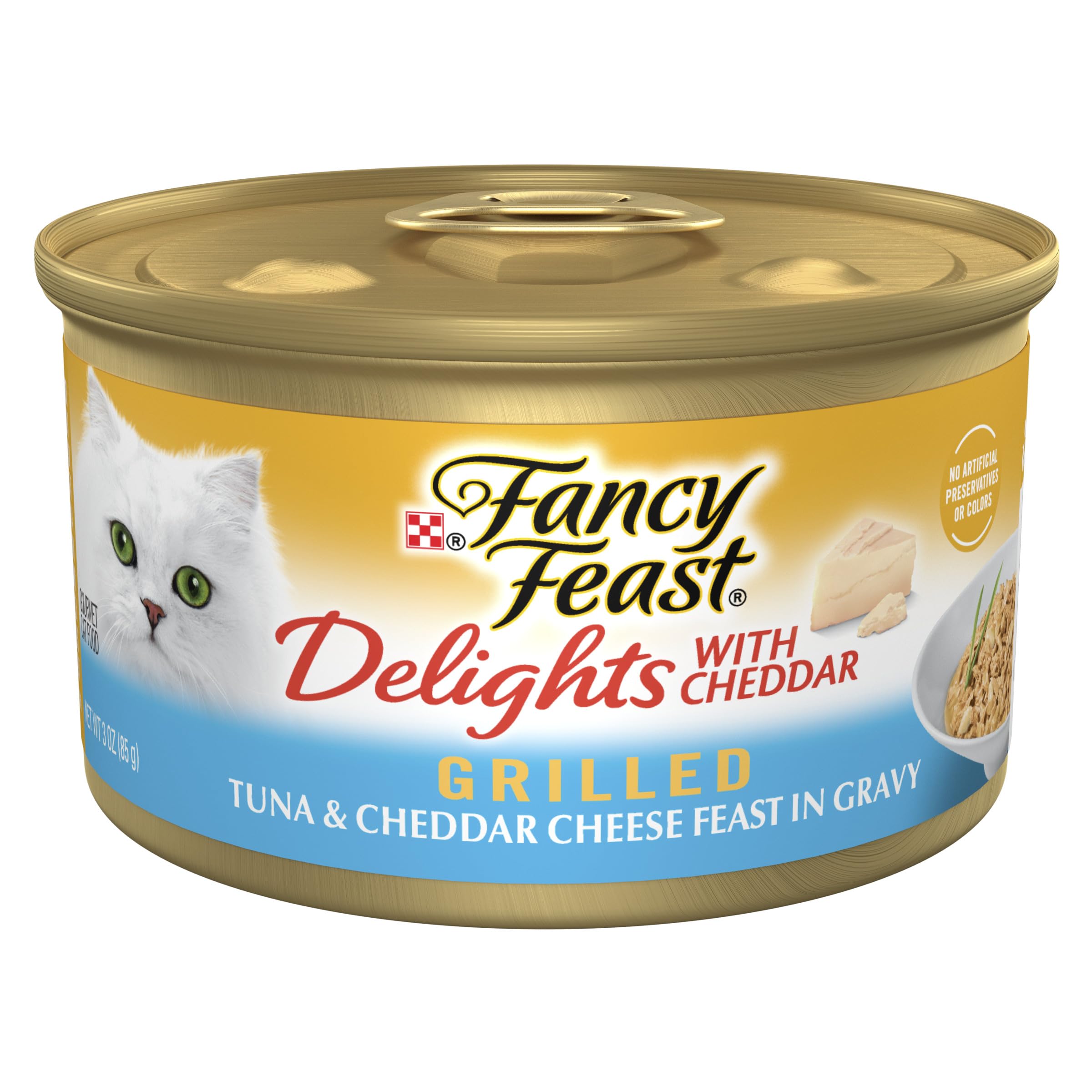 Fancy Feast Delights tuna cheddar grilled can closeup — tasty shreds entice picky eaters.