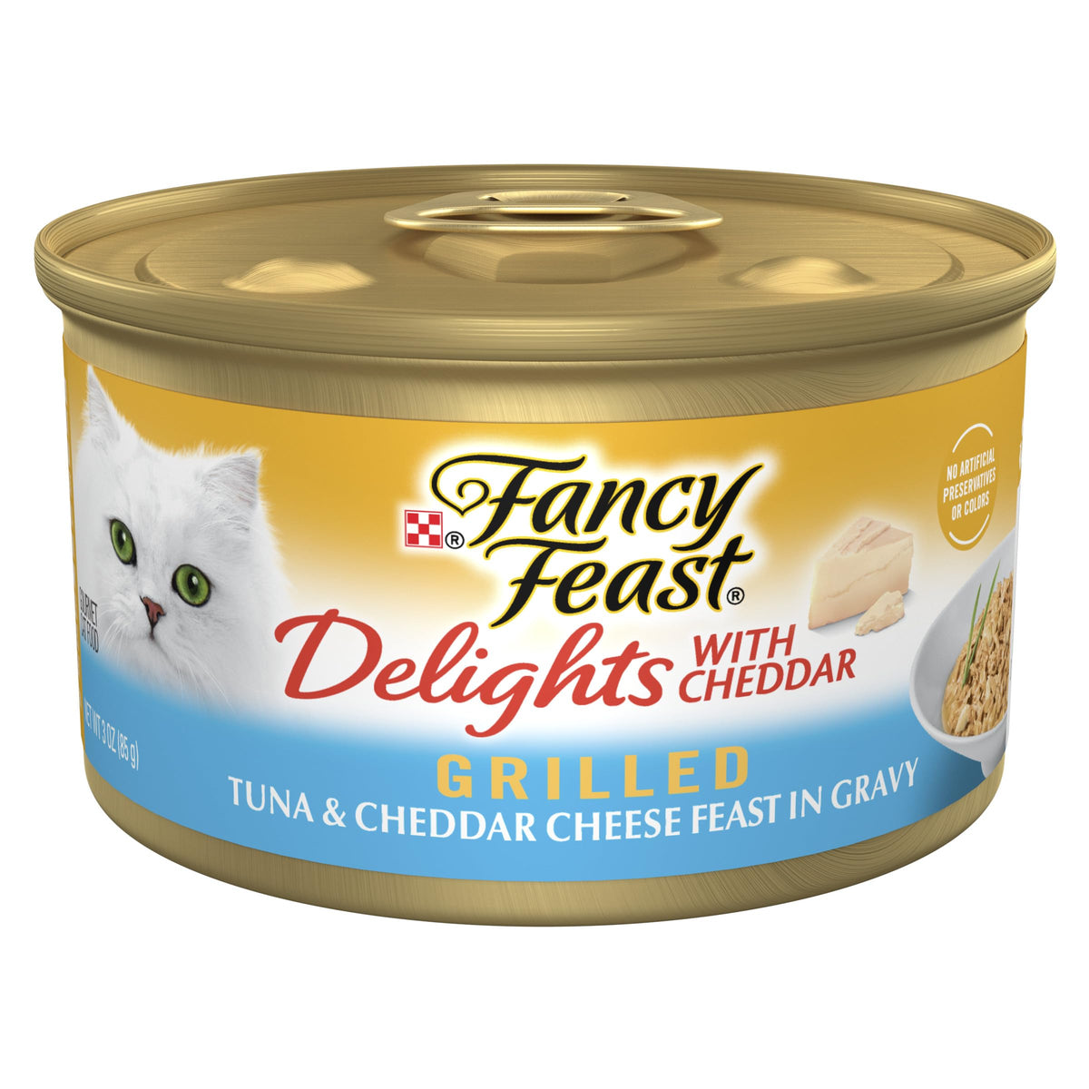Fancy Feast Delights tuna cheddar grilled can closeup — tasty shreds entice picky eaters.