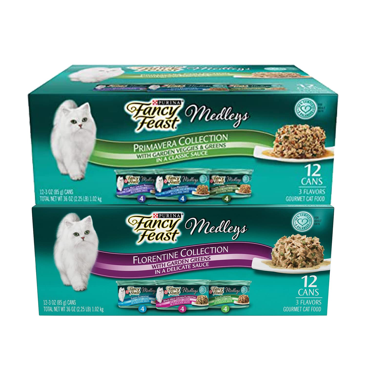 Fancy Feast Duo Premavera Florentine set cans offer gourmet cat meals with gravy and greens