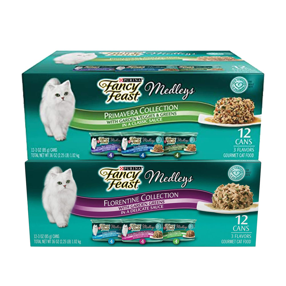 Fancy Feast Duo Premavera Florentine set cans offer gourmet cat meals with gravy and greens