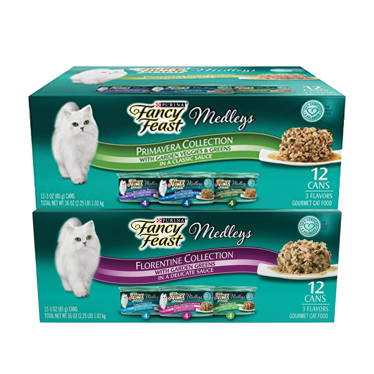 Fancy Feast Duo Premavera Florentine set cans offer gourmet cat meals with gravy and greens