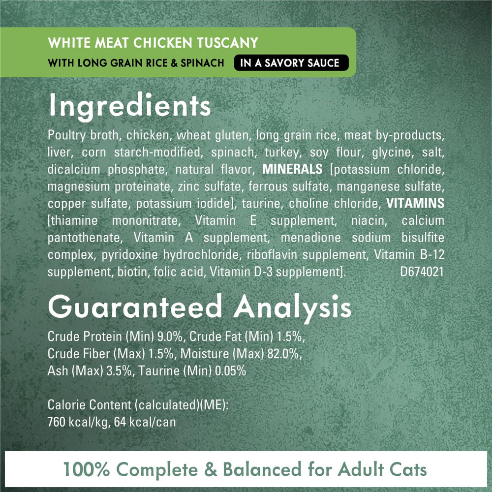 Fancy Feast Elegant Medley Tuscany ingredients spread highlights real meat and savory sauce.