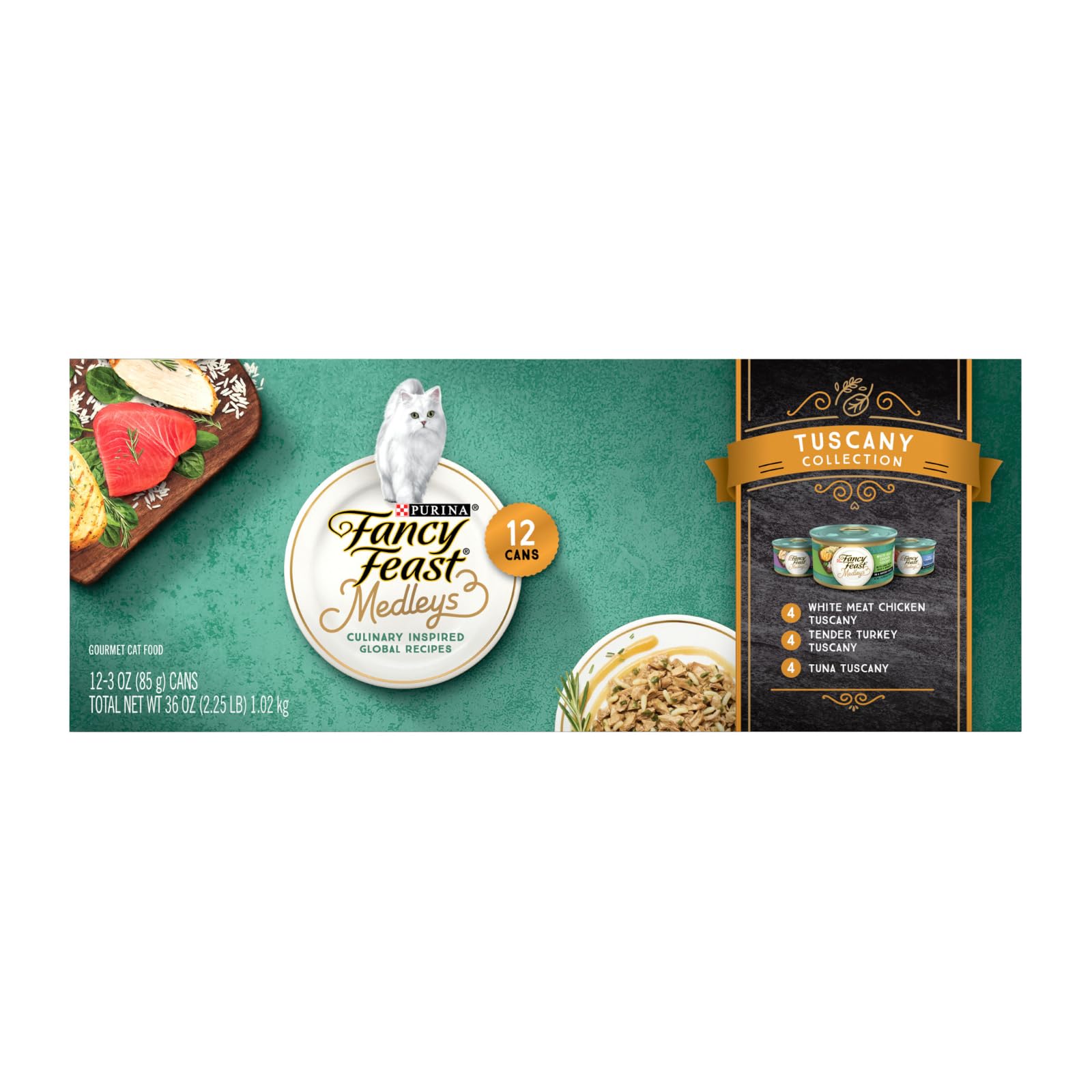 Fancy Feast Elegant Medley Tuscany pack shows a convenient variety for daily feline dining.