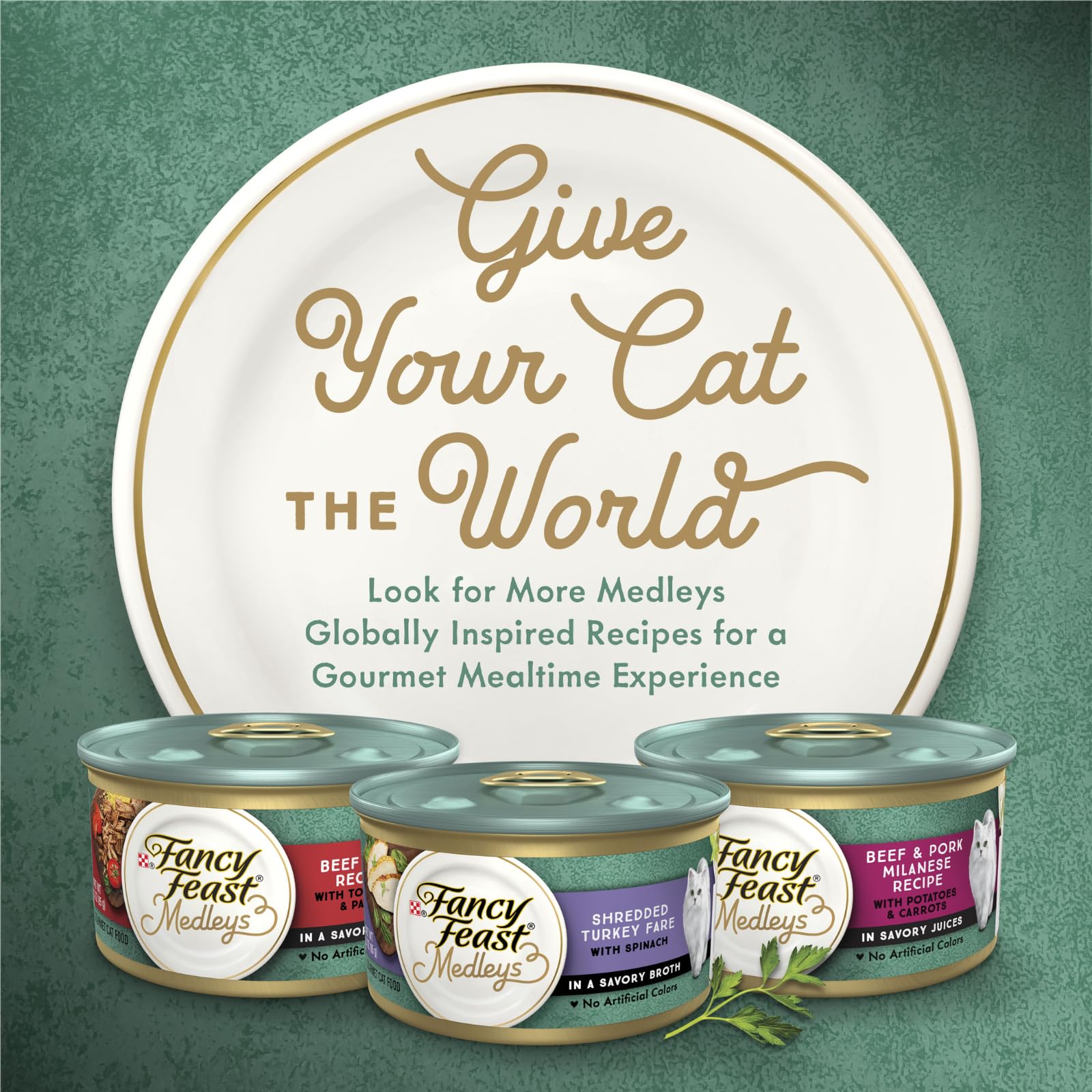 Fancy Feast Elegant Medley Tuscany serving bowl with cat conveys satisfying dining.