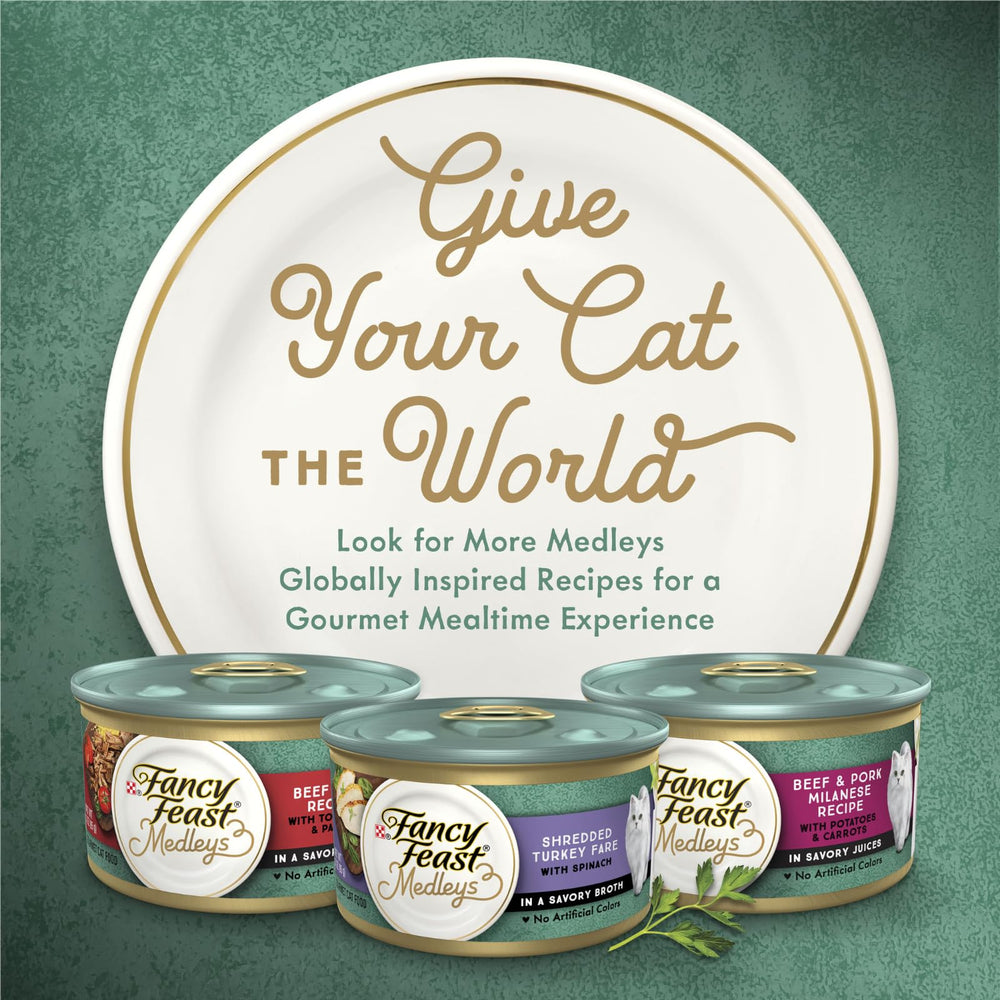Fancy Feast Elegant Medley Tuscany serving bowl with cat conveys satisfying dining.