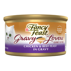 Fancy Feast Gravy Lovers chicken and beef cans in gravy for adult cats.