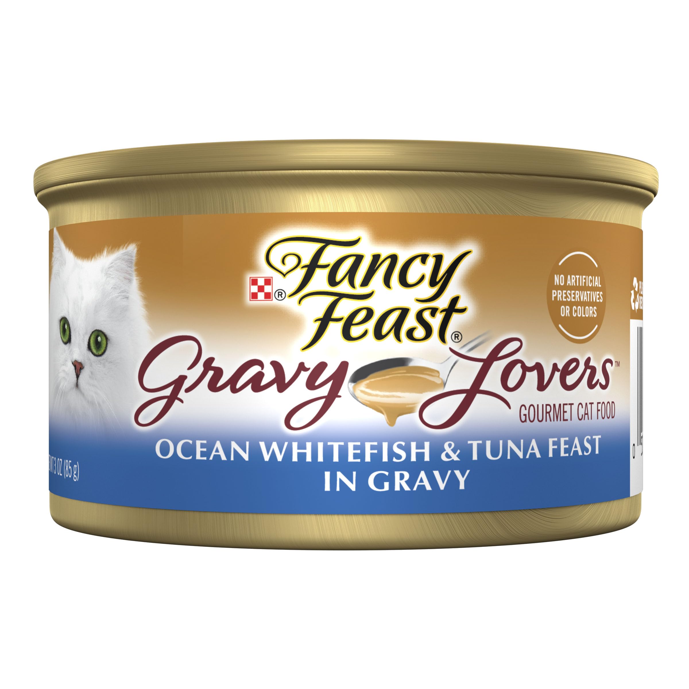 Fancy Feast Gravy Lovers ocean-whitefish-tuna can-front highlights premium protein for enticing meals.