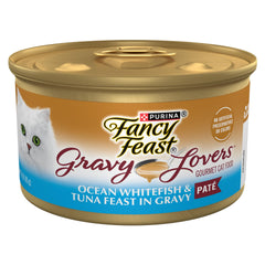 Fancy Feast Gravy Lovers can closeup highlights real ocean whitefish and tuna flavor for cats.