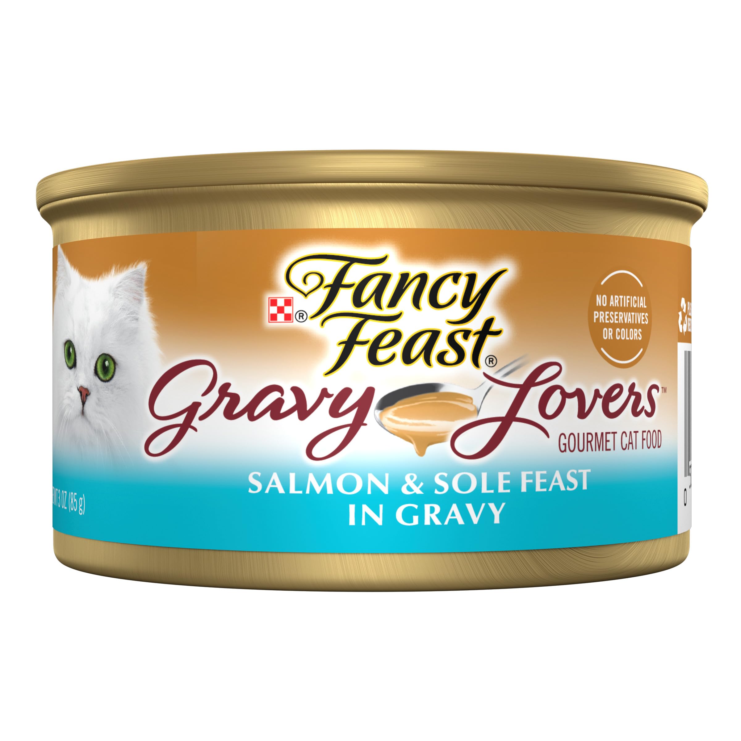 Fancy Feast Gravy Lovers salmon-sole feast can, appealing to mealtime with gourmet gravy.
