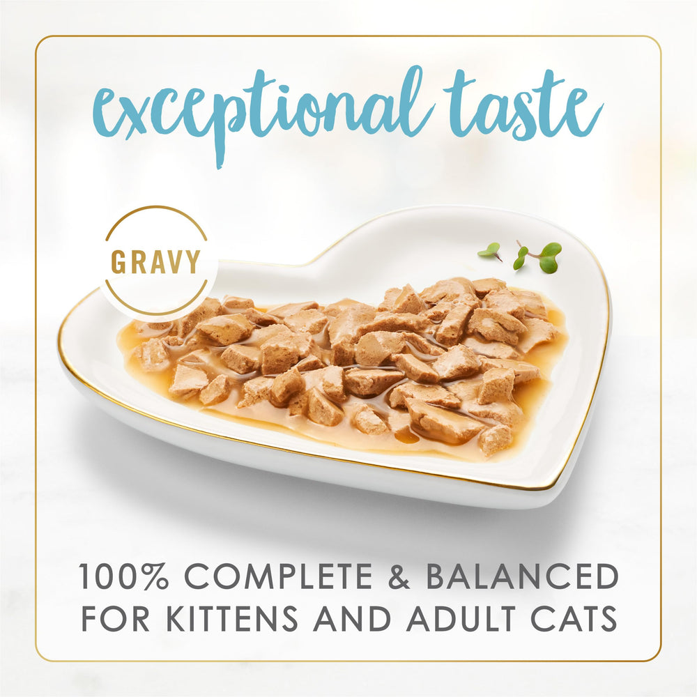 Fancy Feast Gravy Lovers can close-up shows salmon and sole in rich gravy for appetizing meals.