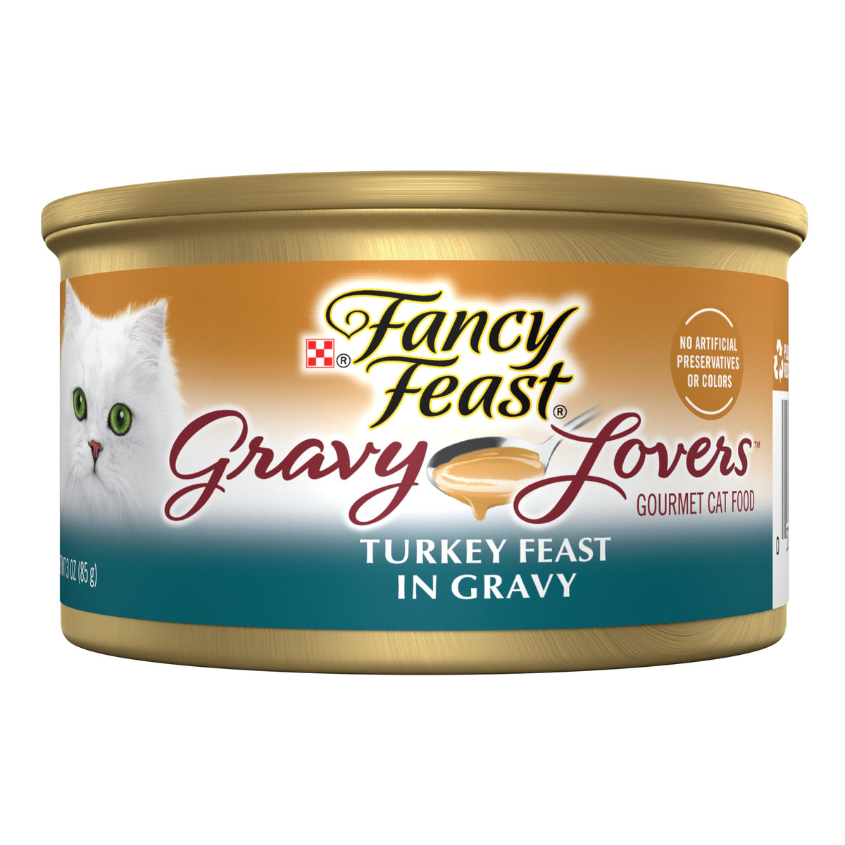 Fancy Feast Gravy Lovers Turkey Feast can closeup showing turkey pieces in savory gravy for adult cats.