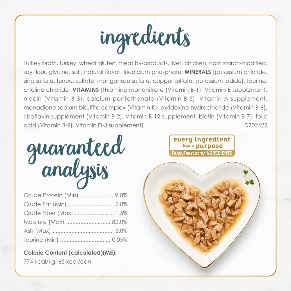 Fancy Feast Gravy Lovers Turkey Feast label highlights U.S. production and quality checks.