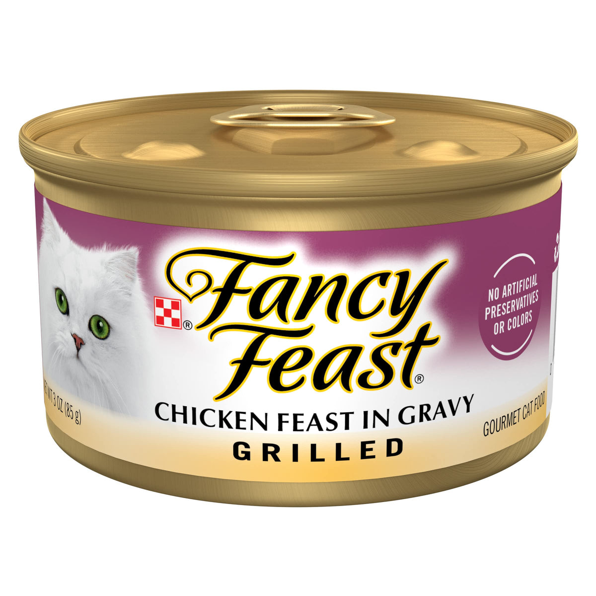 Fancy Feast grilled-chicken-feast can closeup shows real chicken for a tasty protein-rich meal.