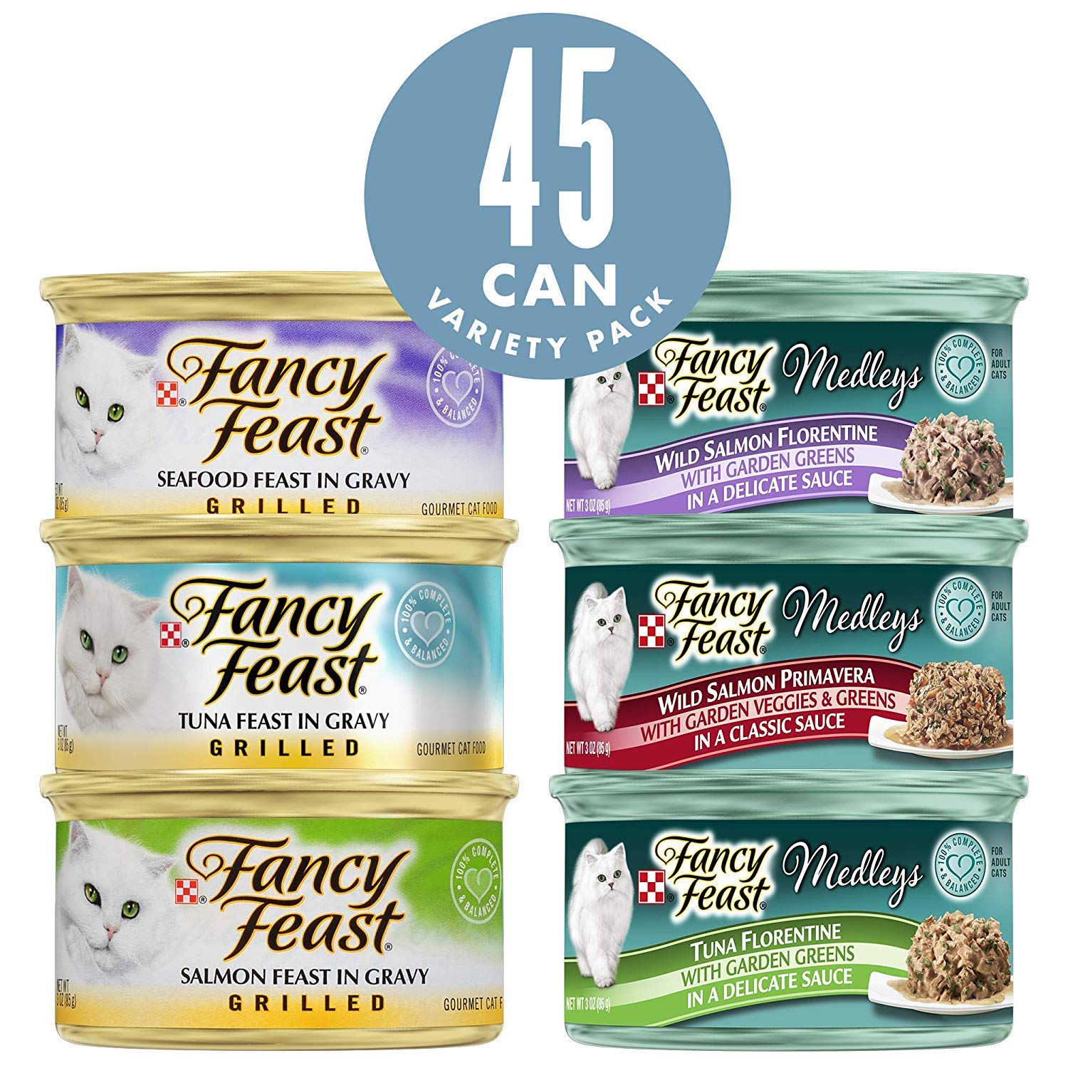Fancy Feast grilled-feast cans arranged for display, signaling variety and quality