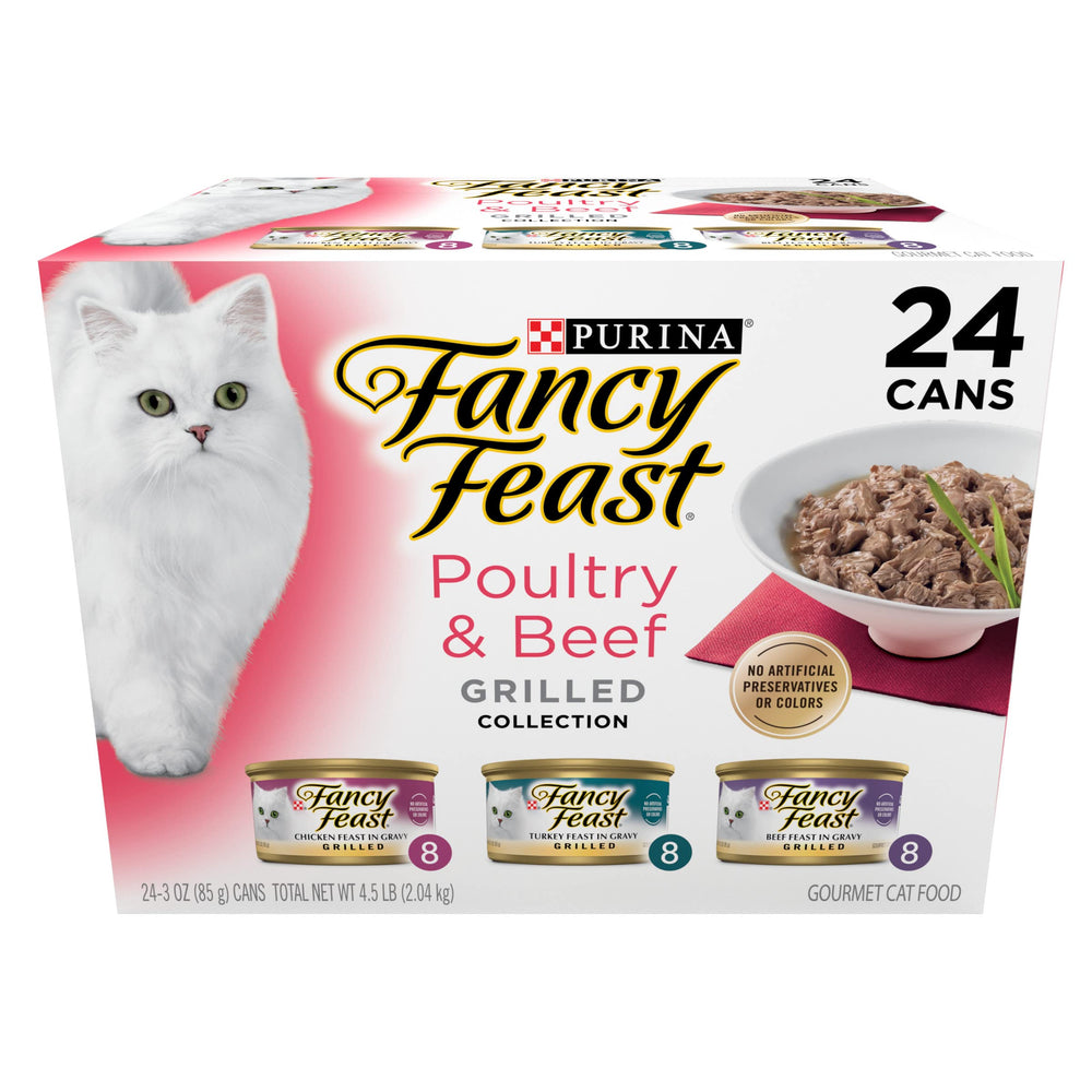 Fancy Feast Grilled Poultry and Beef Collection pack with 24 cans for variety meals.