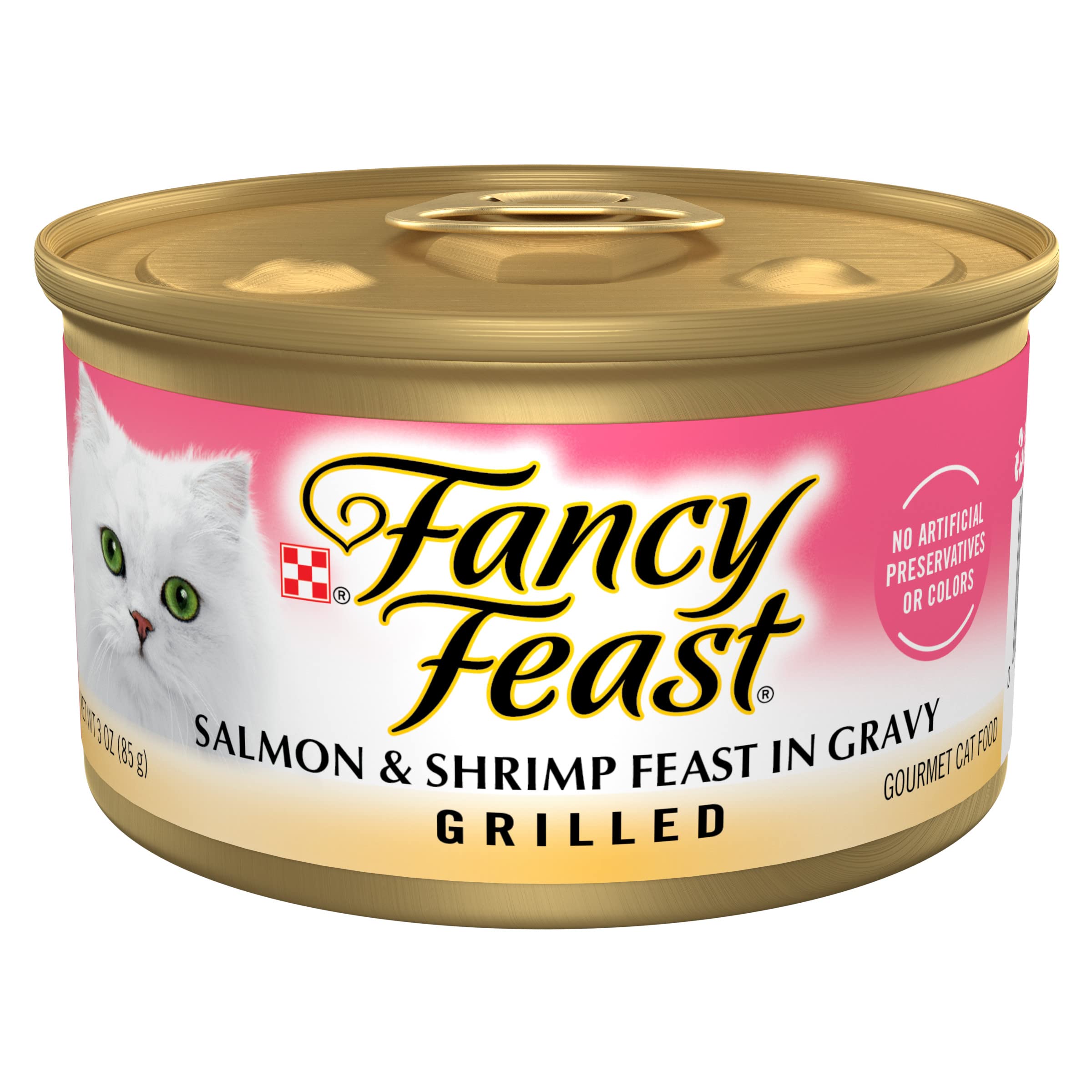 Fancy Feast Grilled Salmon and Shrimp Feast cans feature real salmon and shrimp in savory gravy for daily meals