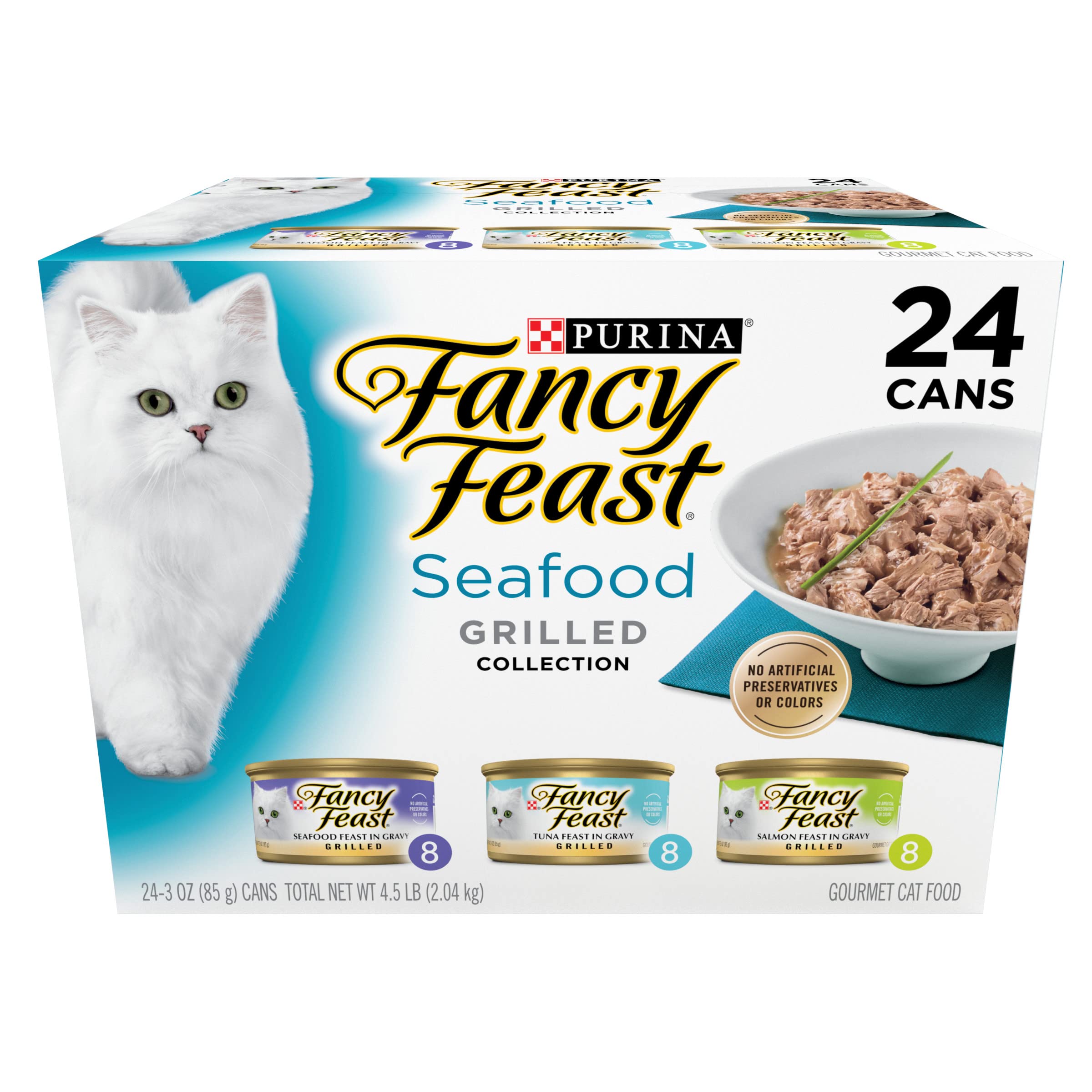 Fancy Feast Grilled Seafood Cans Closeup highlights real seafood in savory gravy for adult cats.