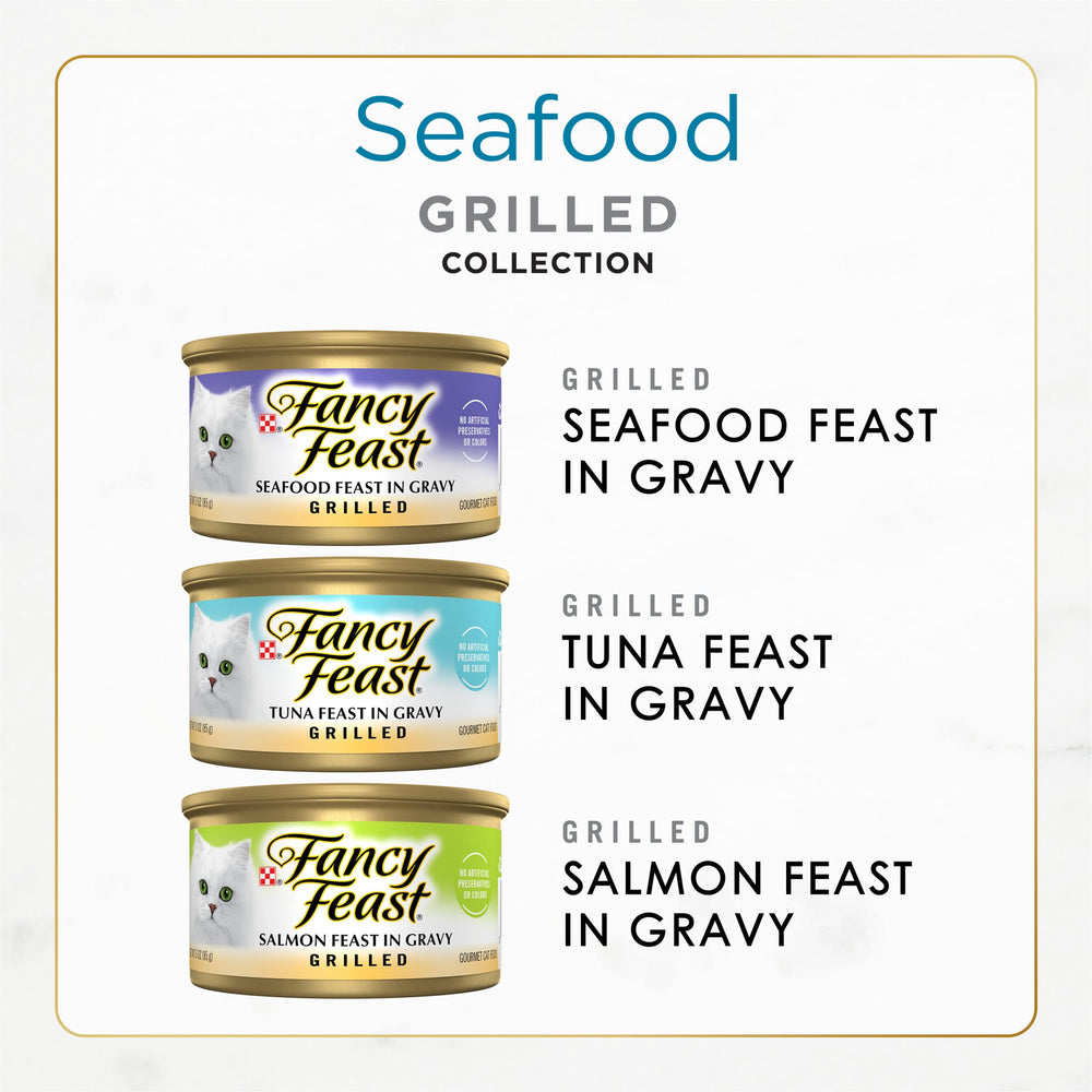 Fancy Feast Grilled Seafood Cans on Shelf showcases variety for enticing meals.