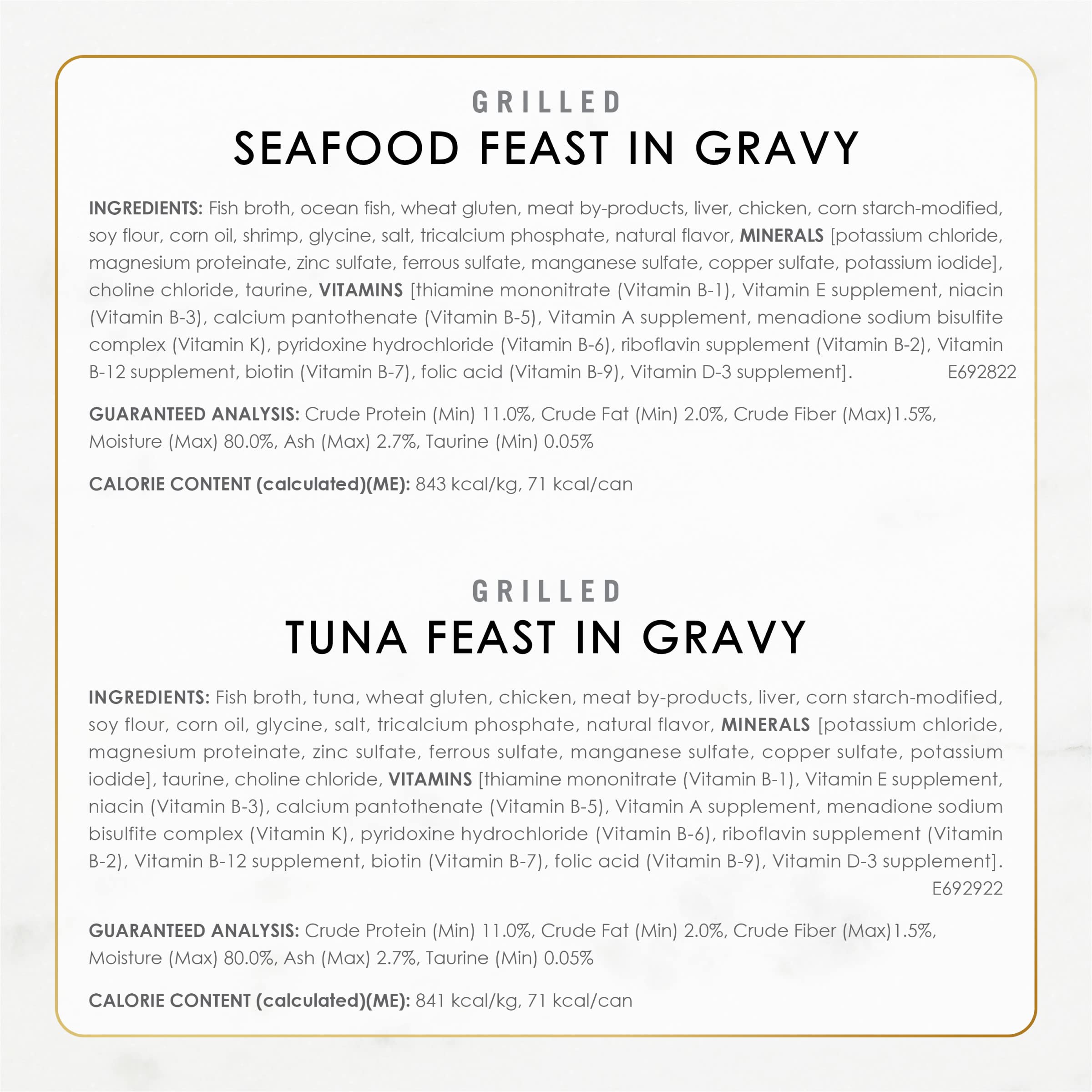 Fancy Feast Grilled Seafood Cans Packshot shows 24 cans for convenient weekly stock.