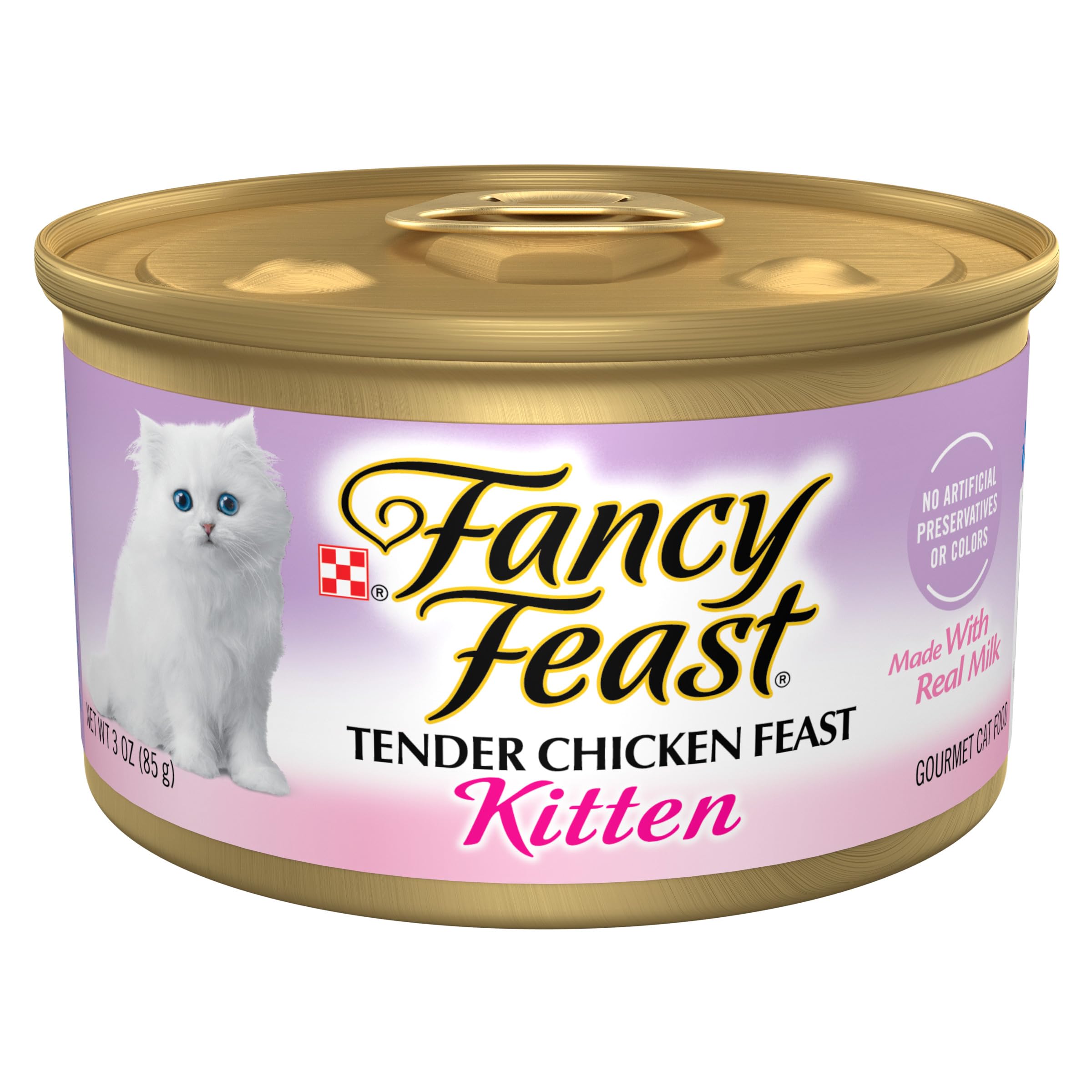 Fancy Feast kitten tender chicken can front view for easy feeding