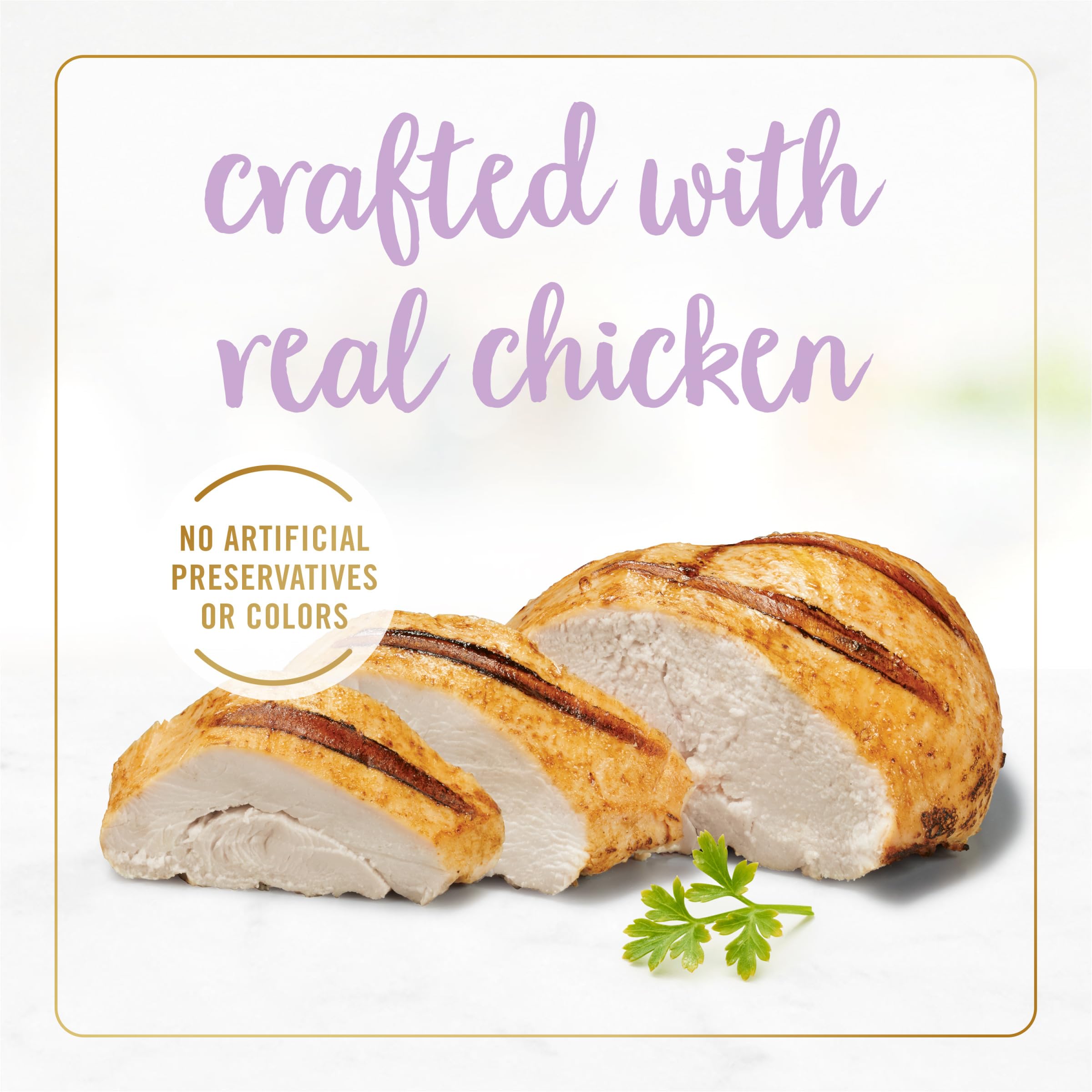 Fancy Feast kitten tender chicken ingredients close-up highlighting real chicken