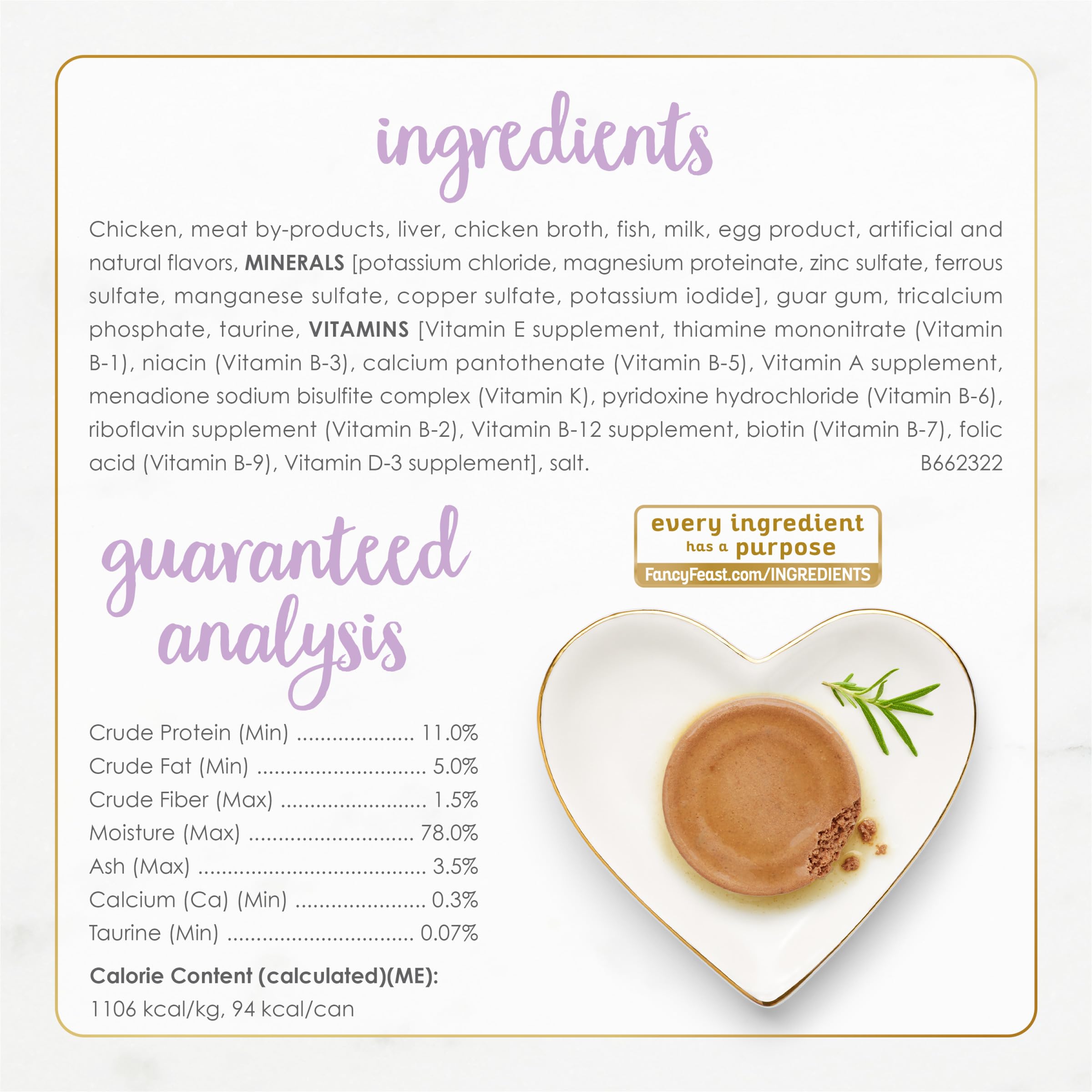 Fancy Feast kitten tender chicken nutrition panel emphasizing balanced nutrition