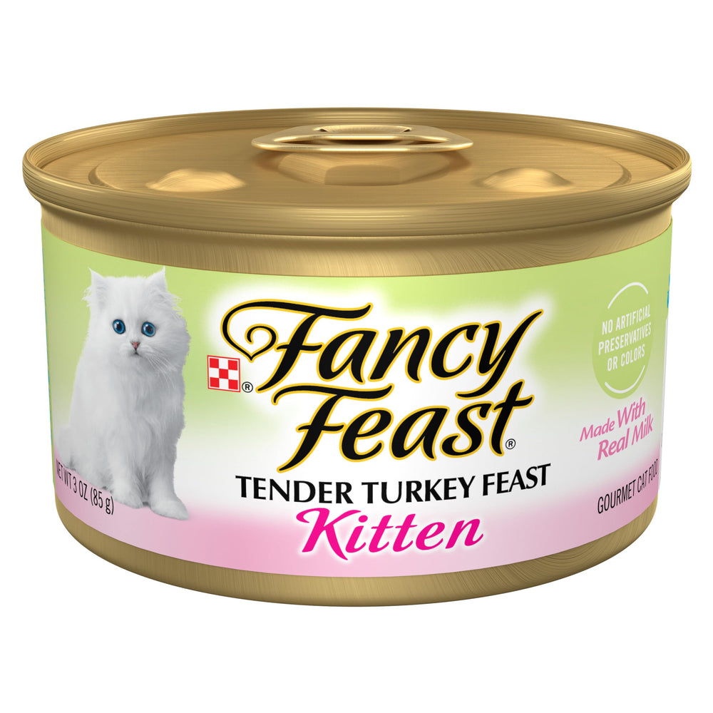 Fancy Feast Kitten Tender Turkey Feast can closeup displays rich texture ideal for tiny teeth