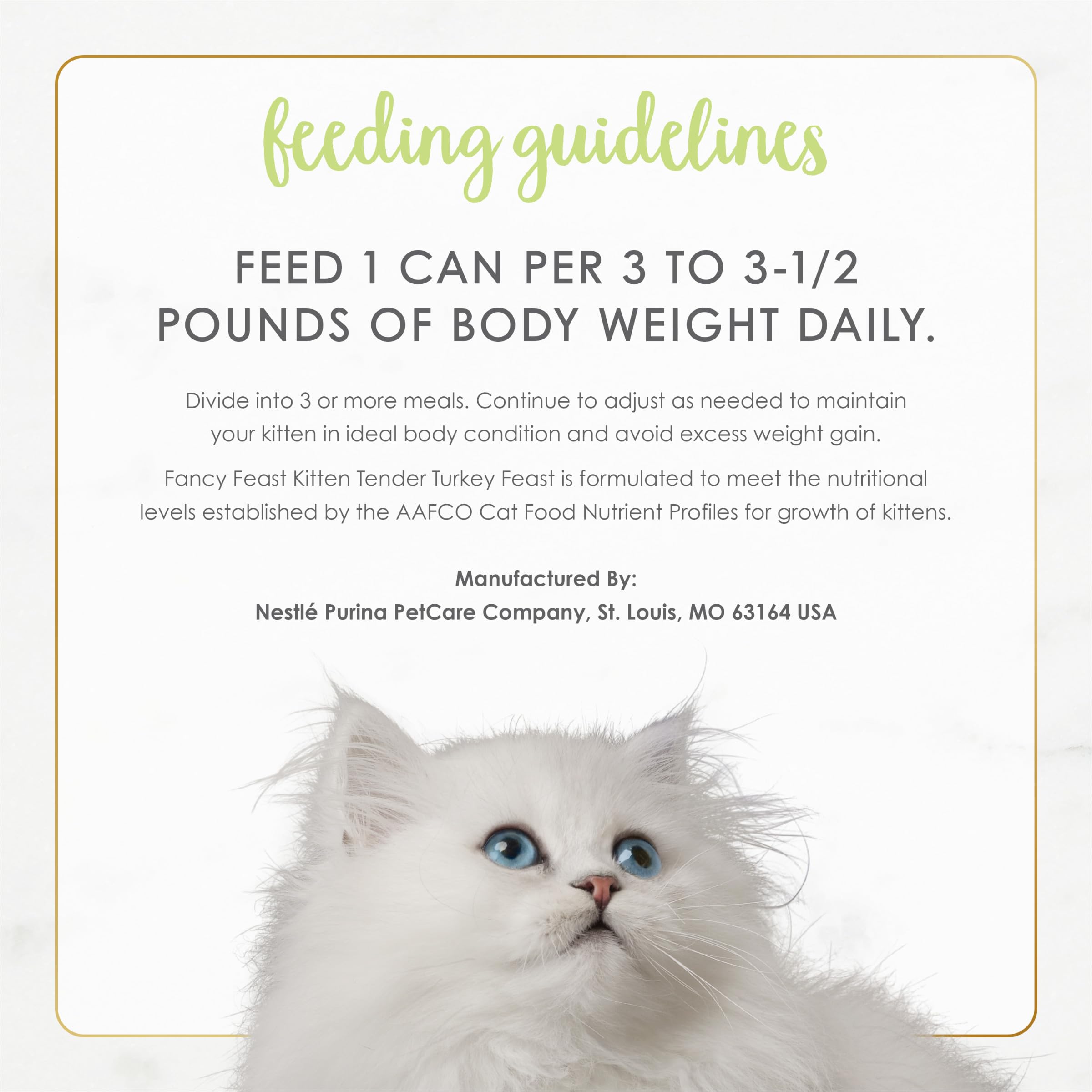 Fancy Feast Kitten Tender Turkey Feast nutrition icons graphic communicates balanced kitten nutrition