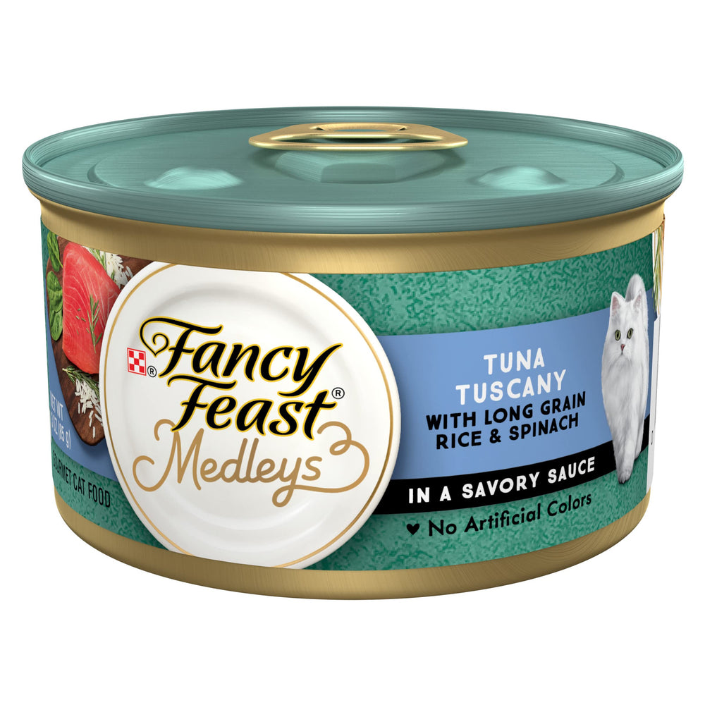 Fancy Feast Medleys Tuna Tuscany cans in a 24-pack, premium seafood flavor