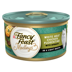 Fancy Feast Medleys white meat chicken Florentine with garden greens can pack adds gourmet flavor and moisture.