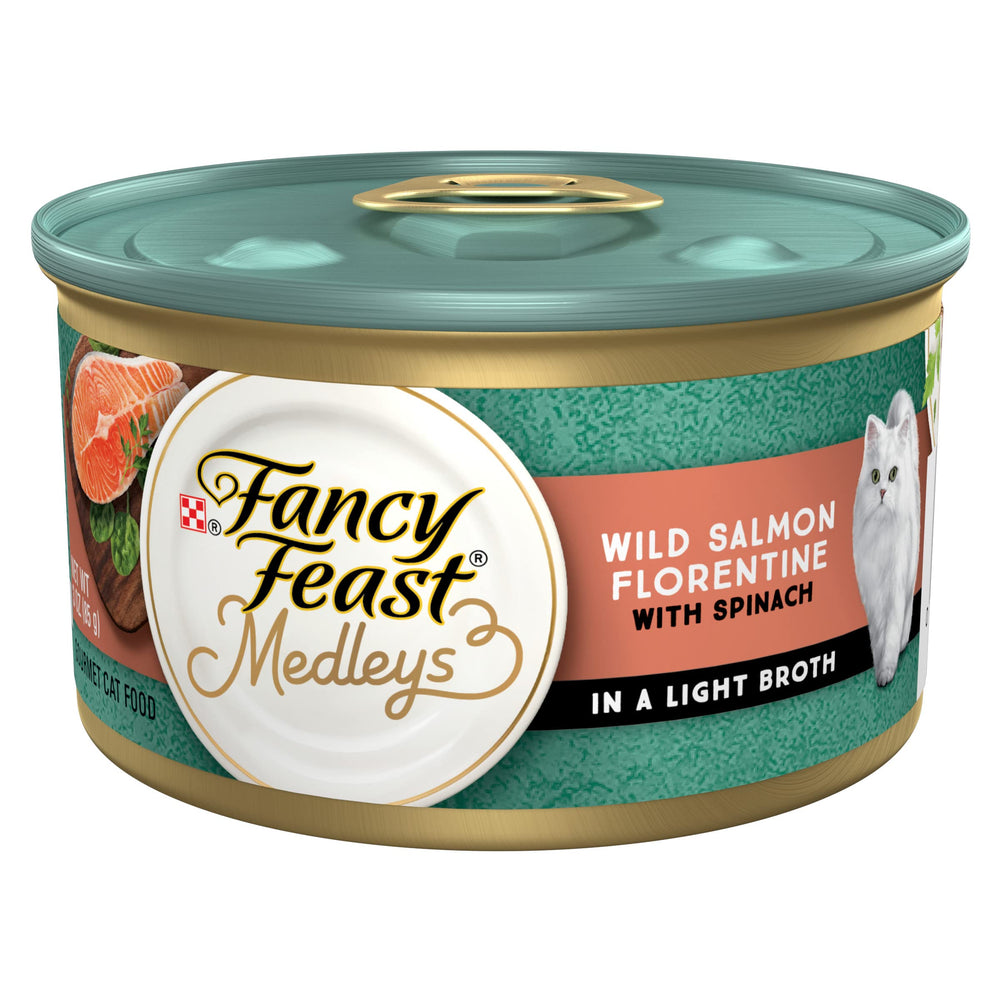 Fancy Feast Medleys Wild Salmon Florentine cans show premium protein for adult cats.