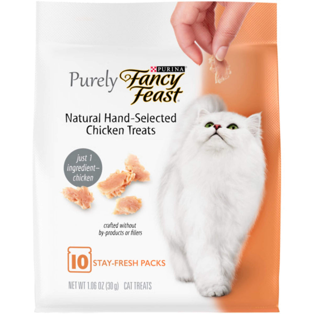 Fancy Feast natural hand-selected chicken treats pack-5-10ct-pouches ideal for rewards.